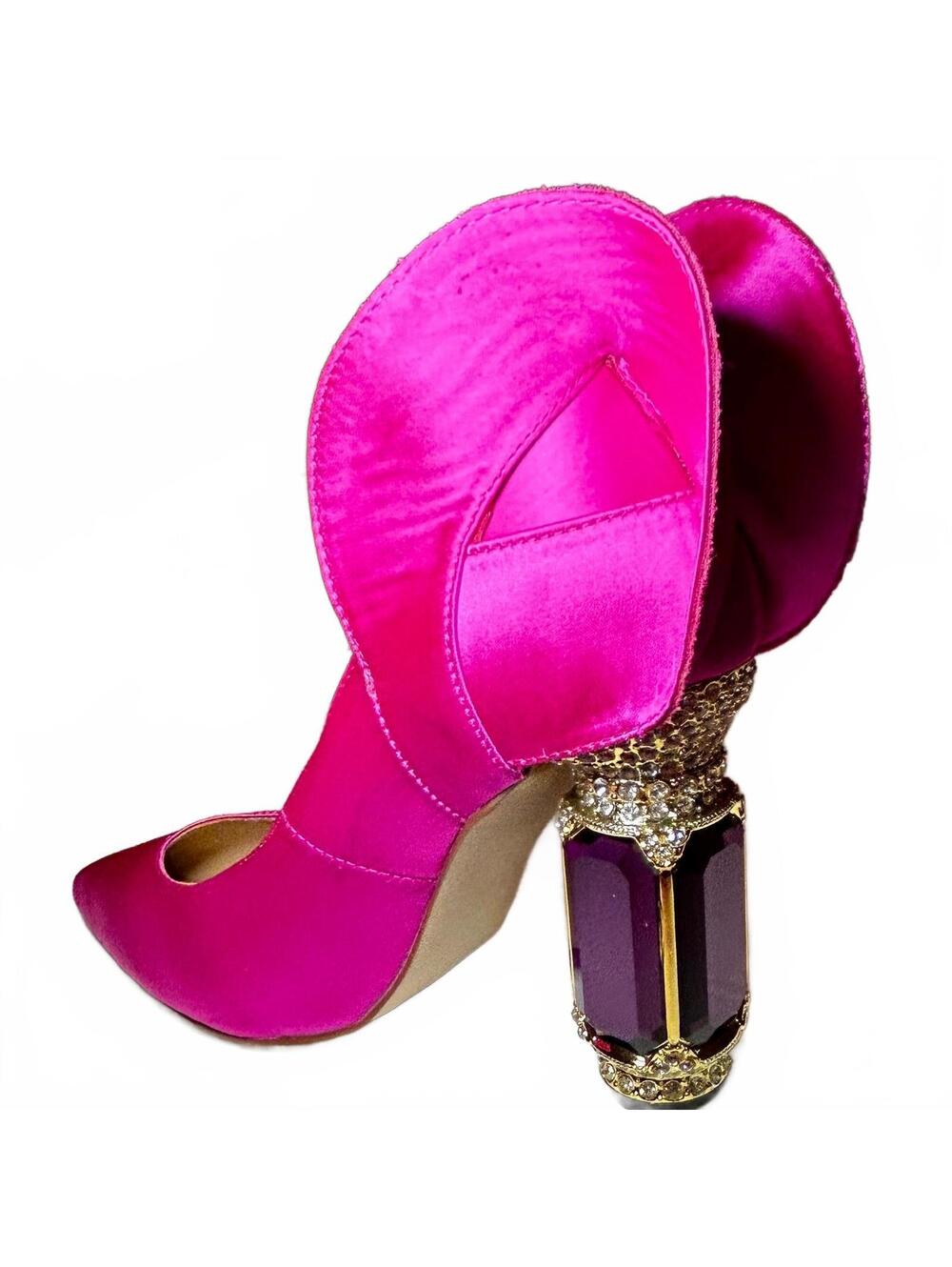 FSJ Fuchsia satin pumps with purple glam heal - Picture 4 of 8